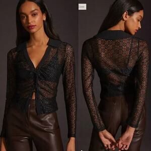 NWT Maeve Anthropologie Black Sheer Lace Button Down Blouse size Large